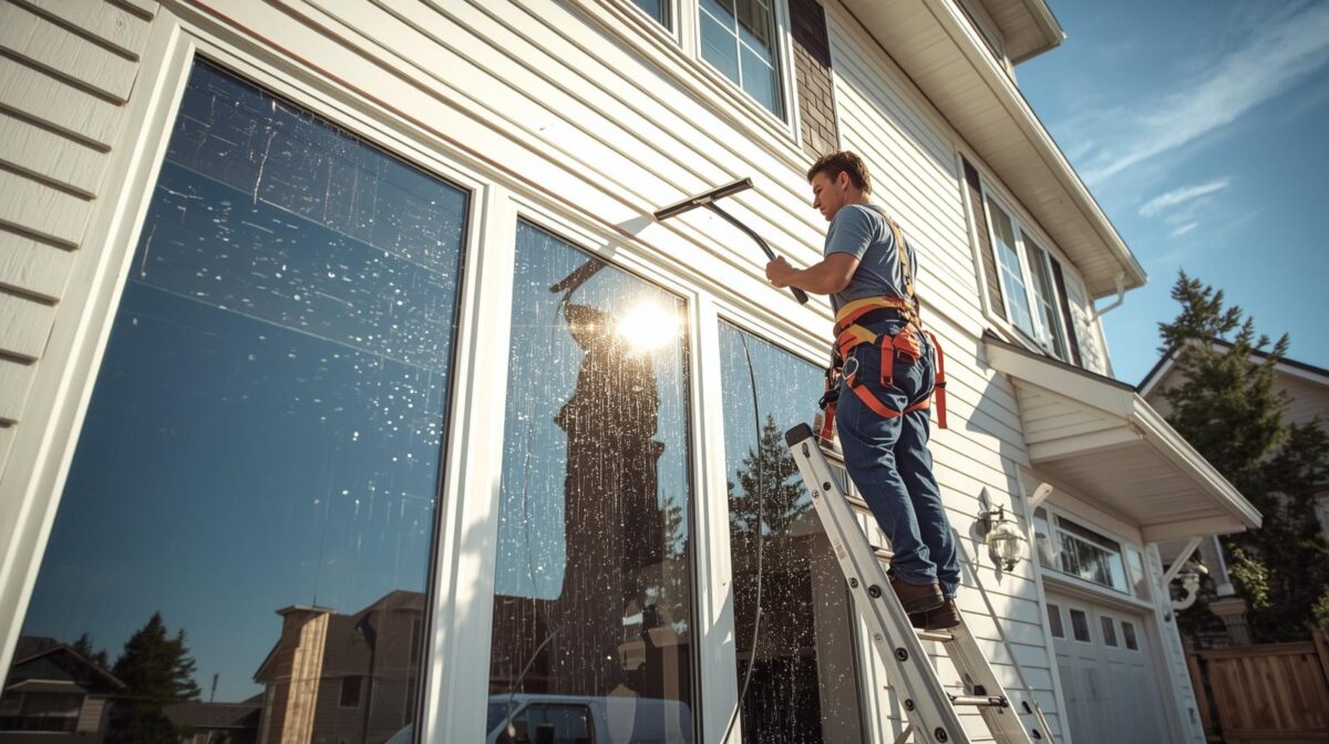 Exterior window washing before and after results showing clean sparkling windows on Morris Plains NJ home